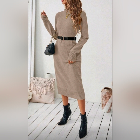 New Chic Oversized Knit Sweater Midi Dress Light Khaki Tan - Picture 7 of 10